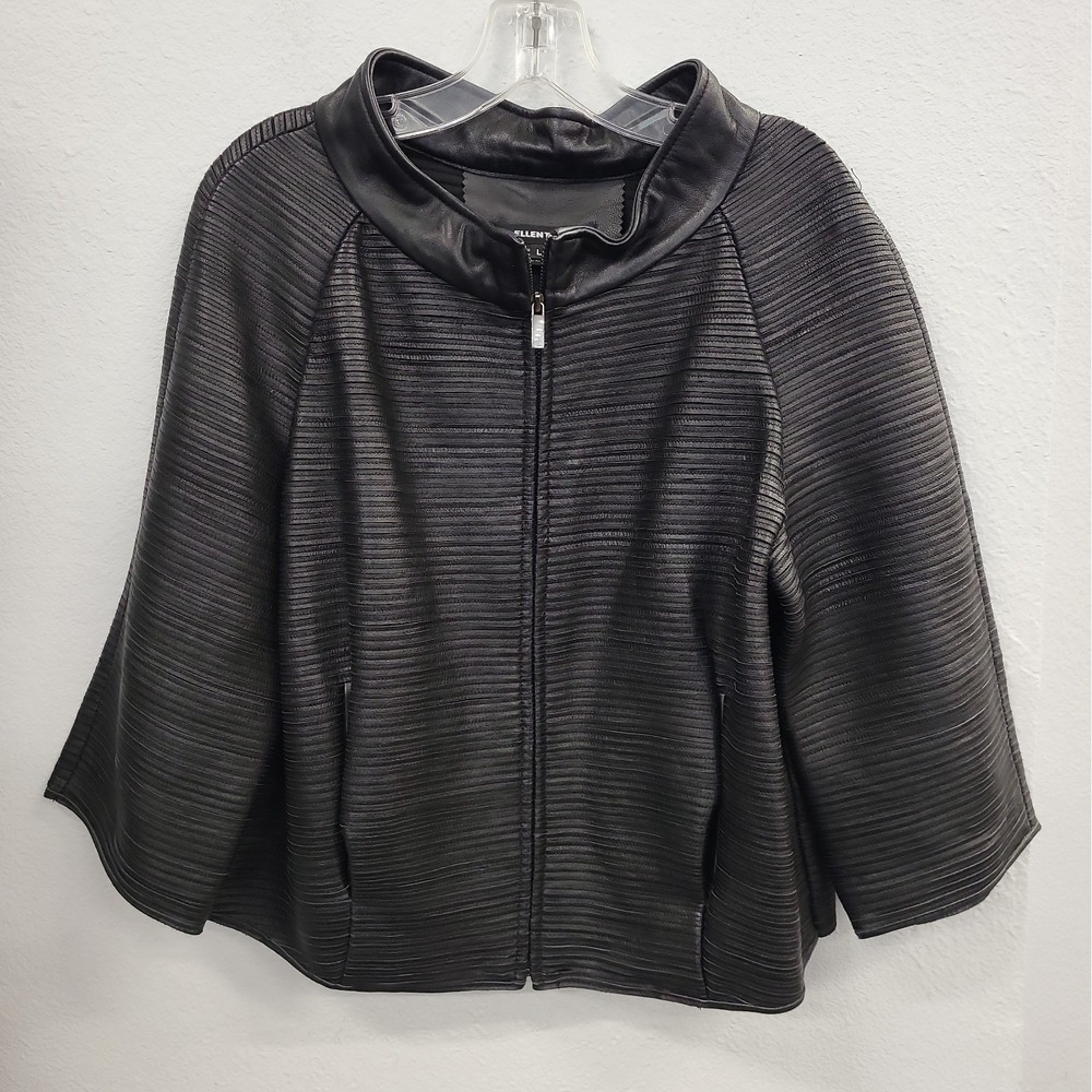 Ellen Tracy Pleated Ribbed Black Leather Jacket Size Large